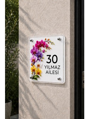 JHAAR Kişiye Özel Pleksi Kapı Isimliği – Modern & Lüks Uv Baskılı Dekoratif Kapı Numarası- Renkli Orkideler 20X20 cm - Beyaz
