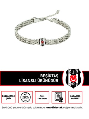 Beşiktaş Besiktas Logolu Hasır Desenli Paslanmaz Çelik Ayarlanabilir Zincir Unisex Bileklik