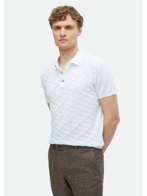 Ramsey Beyaz Polo Yaka Jakarlı %100 Pamuk Triko