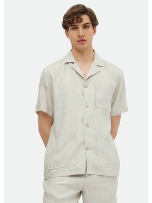 Ramsey Bej Düz Casual Fit Kısa Dokuma Keten Karışımlı Overshirt