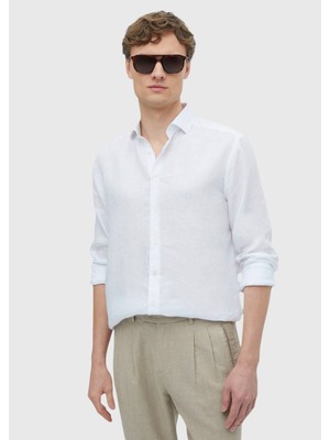 Ramsey Beyaz Düz Casual Fit Uzun Dokuma Casual %100 Keten Gömlek