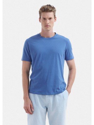 Mavi Düz Bisiklet Yaka %100 Pamuk T-Shirt