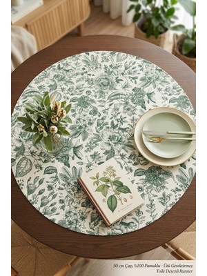 Rona Home Lüks Leke Tutmaz Su Geçirmez Yuvarlak Runner 50 cm - Sıvı Itici Botanik Desenli Amerikan Servis Supla