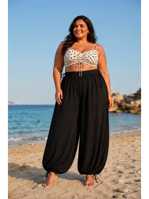 Cng Moda Büyük Beden Sandy Kumaş Beli Lastikli Bağcıklı Siyah Şalvar Pantolon