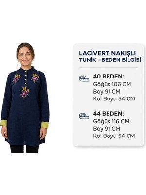 Kado Lacivert Keten 4 Düğmeli Döşü Işlemeli Tunik Kullanışlı Kaliteli Terletmez Güzel Şık