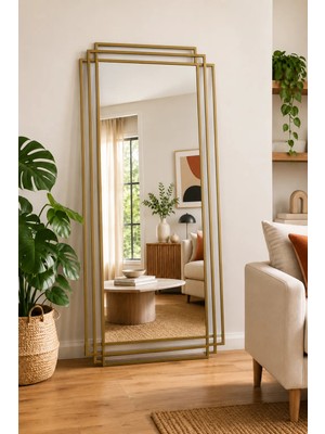 Effe Yapı Dekor Gold Metal Çerçeveli Dikdörtgen Dekoratif Ayna 180X80 cm Şık Tasarım