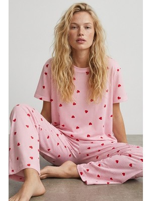 Siyah İnci Kadın Pembe Ekoselı Kalp Desenli İnce Soft Örme Mevsimlik Pijama Takımı 8003 Rahat Kullanım