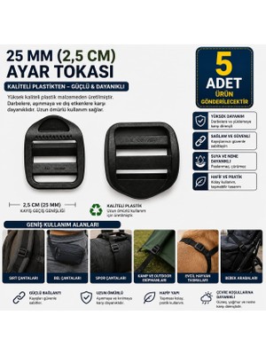 Ecotton Works 25 mm (2,5 Cm) Plastik Ayar Tokası 5'li Paket | Premium Kalite | Dayanıklı Çanta Kayış Tokası