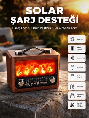 Urfakent Taşınabilir Şömine Görünümlü Bluetooth Hoparlör – Solar Şarjlı, Alev Işıklı, 7W Ses