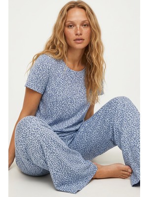 Siyah İnci Mavi Lacivert Leopar Baskılı Örme Pijama Takım 7996