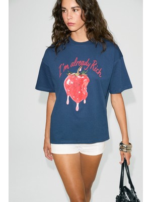 Ethiquet Preka Kadın %100 Pamuk Yumuşak Kumaşlı Baskı Detaylı Lacivert T-Shirt