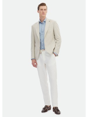 Ramsey Bej Çizgili Zeroweight Slim Fit Pamuk Karışımlı Ceket
