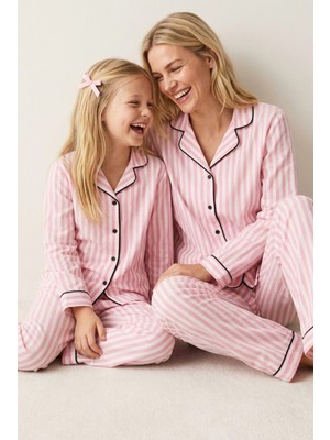 Siyah İnci Pembe Beyaz Çizgili Düğmeli Biyeli Örme Pijama Takım