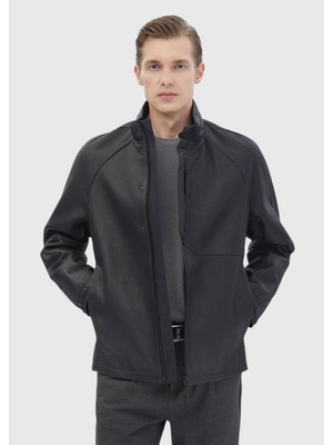 Siyah Regular Fit Dik Yaka Casual Süet Deri Mont