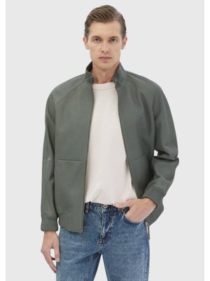 Açık Yeşil Regular Fit Dik Yaka Casual Süet Deri Mont