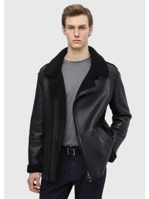 Siyah Regular Fit Gömlek Yaka Casual Kürk Deri Mont