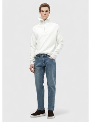Mavi Düz Loose Fit Denim Pamuk Karışımlı Pantolon