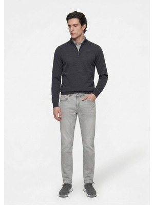 Gri Düz Slim Fit Denim Pamuk Karışımlı Pantolon