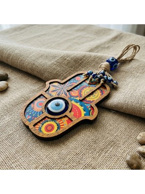 Nazar Boncuklu Fatıma Ana Eli Ahşap Desenli Dekoratif Hediyelik Duvar Süsü, 24 cm Hamsa Bereket