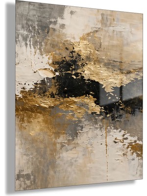 Gaagart Temperli Cam Tablo Bej Siyah Gold Dokulu Soyut Kompozisyon Modern Duvar Sanatı