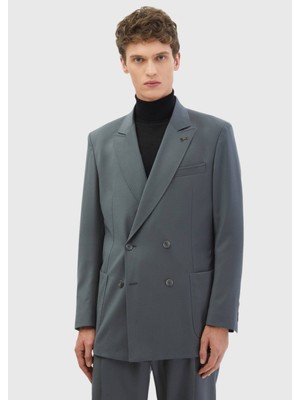 Koyu Gri Çizgili Oversize Fit %100 Yün Takım Elbise