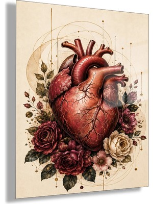 Gaagart Temperli Cam Tablo Bordo Güllü Anatomik Kalp Muayenehane Duvar Tablosu