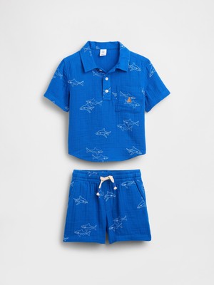 Gap Erkek Bebek Mavi Pamuk Gauze Polo Outfit Set