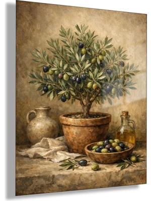 Gaagart Temperli Cam Tablo Rustik Saksıda Zeytin Ağacı Natürmortu Dekoratif Ev Duvar Tablosu
