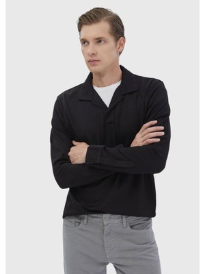 Siyah Polo Yaka Jakarlı Sweatshırt