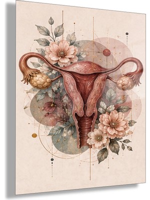 Gaagart Temperli Cam Tablo Çiçekli Anatomik Uterus Illüstrasyonu Muayenehane Duvar Tablosu