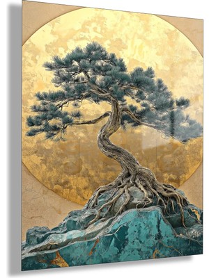 Gaagart Temperli Cam Tablo Altın Güneş Önünde Bonsai Çam Ağacı Şık Salon Duvar Dekoru