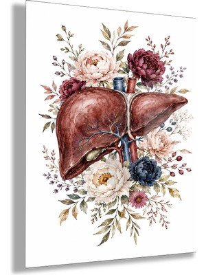 Gaagart Temperli Cam Tablo Pudra Bordo Çiçekli Anatomik Karaciğer Klinik Duvar Dekoru