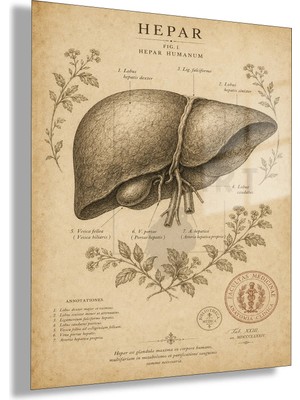Gaagart Temperli Cam Tablo Vintage Botanik Anatomik Karaciğer Muayenehane Dekoru