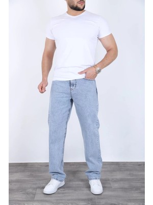 Blayn Jeans Erkek Toz Mavi Baggy Kot Pantolon - Geniş Kalıp Günlük Rahat Denim Jean