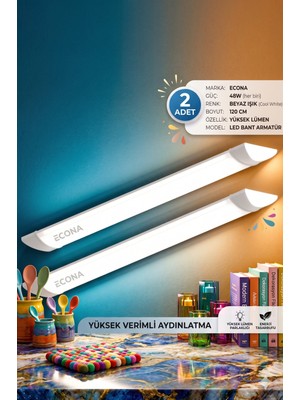 Econa 2 Adet- 48W LED Bant Armatür 120 cm Beyaz Işık Yüksek Lümenli Sıva Üstü Mutfak Atölye Aydınlatma
