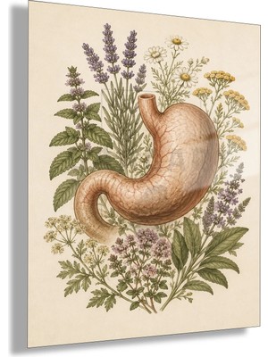 Gaagart Temperli Cam Tablo Lavantalı Anatomik Mide Illüstrasyonu Klinik Dekoratif Tablo
