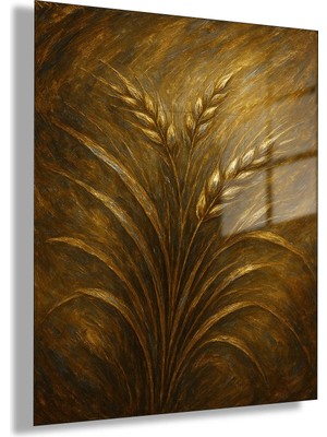 Gaagart Temperli Cam Tablo Gold Dokulu Soyut Buğday Başakları Şık Salon Duvar Dekoru