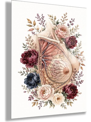 Gaagart Temperli Cam Tablo Pudra Bordo Çiçekli Anatomik Göğüs Muayenehane Dekoru