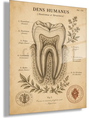 Gaagart Temperli Cam Tablo Vintage Botanik Anatomik Diş Kesiti Hastane Duvar Dekoru