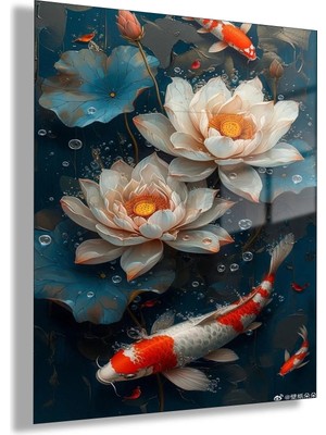 Gaagart Temperli Cam Tablo Lotus Çiçekleri ve Japon Balıkları Dekoratif Ev Duvar Tablosu