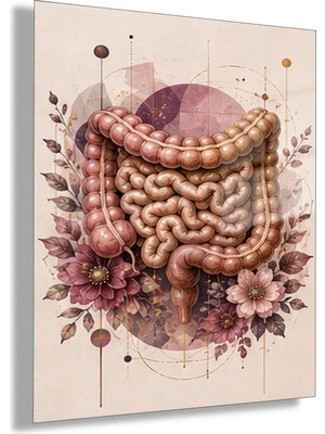Gaagart Temperli Cam Tablo Geometrik Bordo Çiçekli Anatomik Bağırsak Muayenehane Dekoru