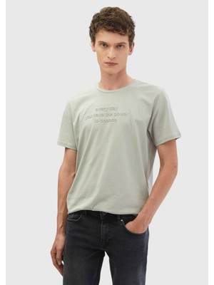 Açık Gri Baskılı Bisiklet Yaka %100 Pamuk T-Shirt