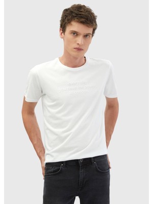 Beyaz Baskılı Bisiklet Yaka %100 Pamuk T-Shirt