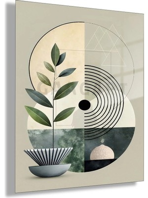 Gaagart Temperli Cam Tablo Geometrik Denge Botanik Dal Siyah Yeşil Modern Duvar Sanatı