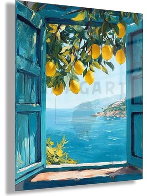 Gaagart Temperli Cam Tablo Limonlu Pencereden Mavi Deniz Modern Duvar Sanatı