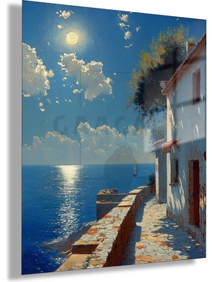 Gaagart Temperli Cam Tablo Ay Işığında Mavi Sahil Kasabası Gece Deniz Manzara Dekoru