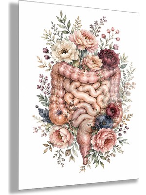 Gaagart Temperli Cam Tablo Pudra Bordo Çiçekli Anatomik Bağırsak Doktor Odası Tablosu