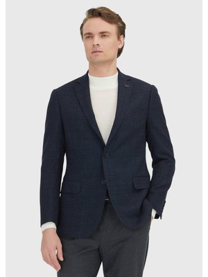 Ramsey Lacivert Desenli Regular Fit %100 Yün Ceket