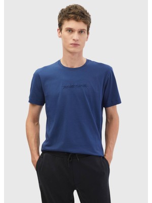 Saks Baskılı Bisiklet Yaka %100 Pamuk T-Shirt