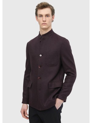 Bordo Düz Shirt Shoulder Slim Fit Yün Karışımlı Örme Ceket